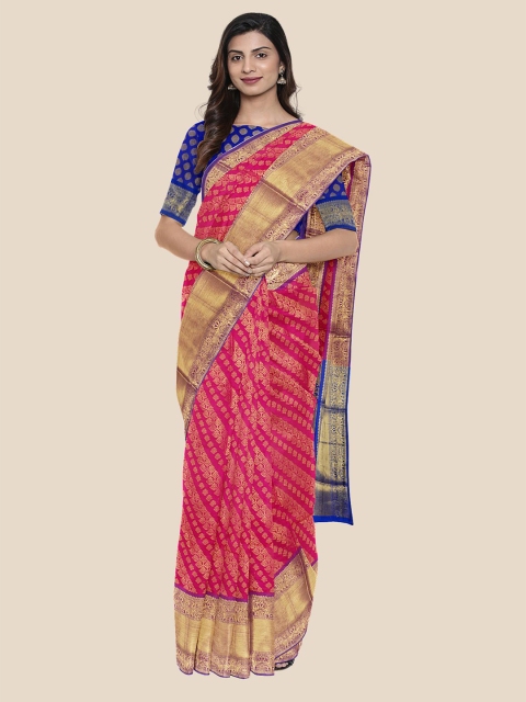 

Kalamandir Pink & Gold-Toned Striped Zari Silk Blend Banarasi Saree