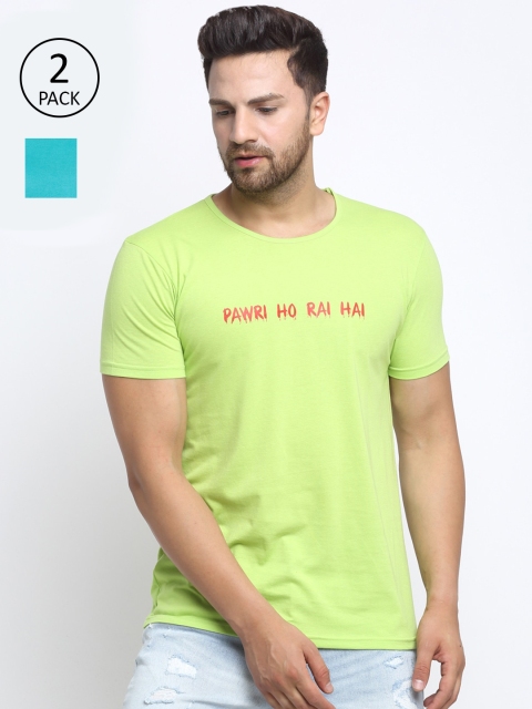 VIMAL JONNEY Men Lime Green & Turquoise Blue Typography 2 Printed T-shirt