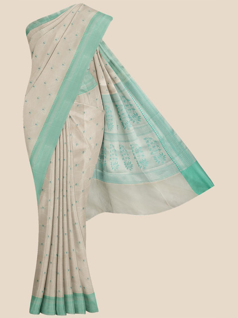

KLM Fashion Mall Cream & Sea Green Ethnic Motifs Printed Chanderi Saree