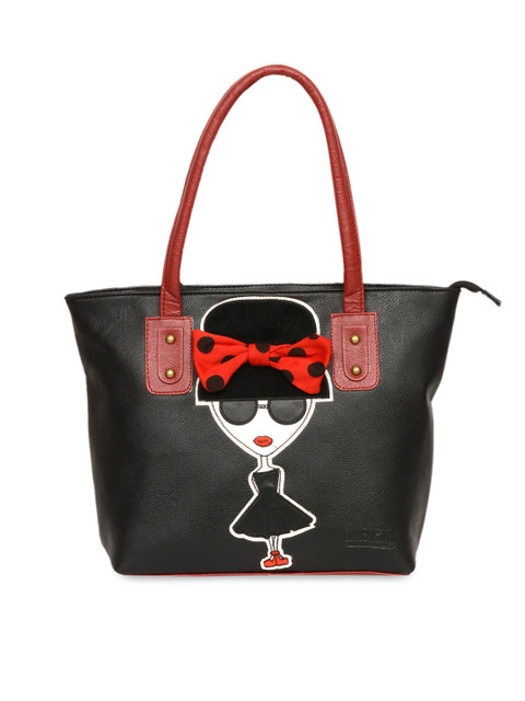 

Pink Potato Black Embellished Leather Shoulder Bag with Applique Design
