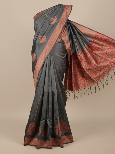 

Pothys Grey & Brown Floral Jute Silk Saree