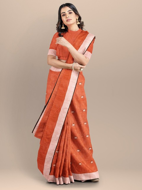 

BharatSthali Orange & White Woven Design Jaali Pure Cotton Mangalagiri Saree