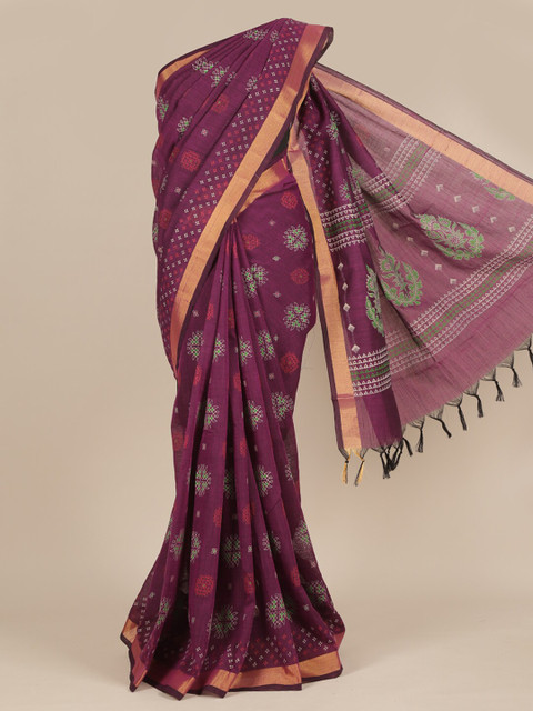 

Pothys Burgundy & Green Ethnic Motifs Zari Pure Cotton Saree