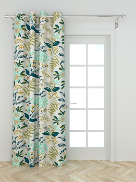 Home Centre White & Teal Floral Black Out Door Curtain
