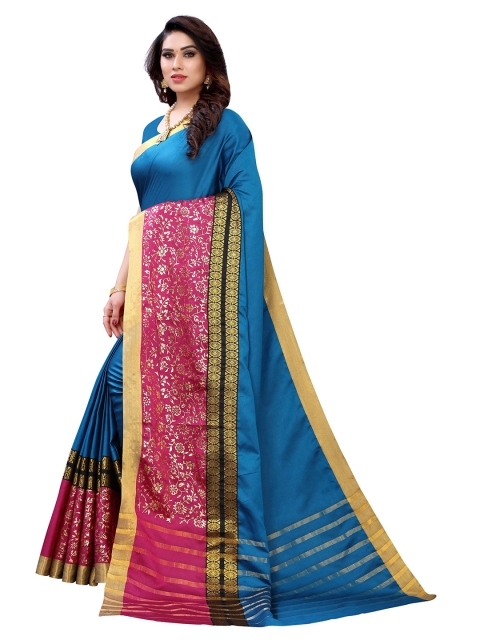 

KALINI Blue & Pink Colourblocked Foil Printed Zari Art Silk Saree