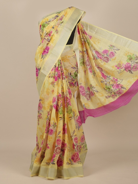 

Pothys Yellow & Pink Cotton Blend Floral Zari Saree