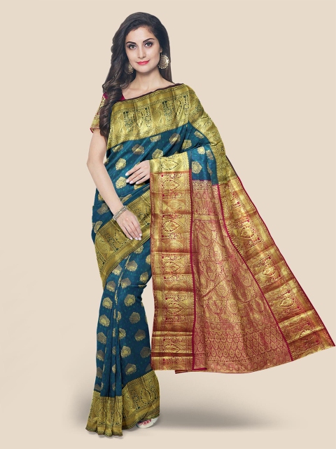 

Kalamandir Teal Blue & Pink Ethnic Motifs Zari Silk Blend Kanjeevaram Saree