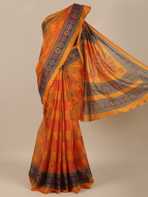 

Pothys Orange & Navy Blue Floral Jute Silk Saree