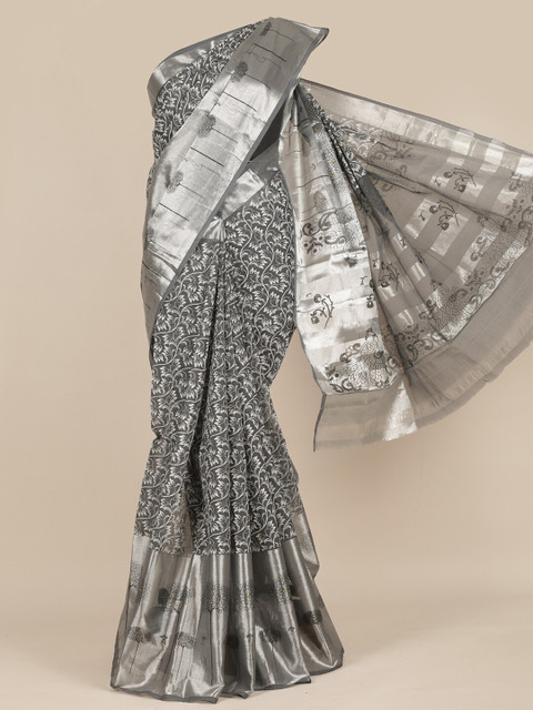 

Pothys Grey & Silver-Toned Floral Pure Cotton Saree