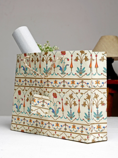 

Fabindia Cream-Coloured & Blue Taj Mahal Printed Paper Bag