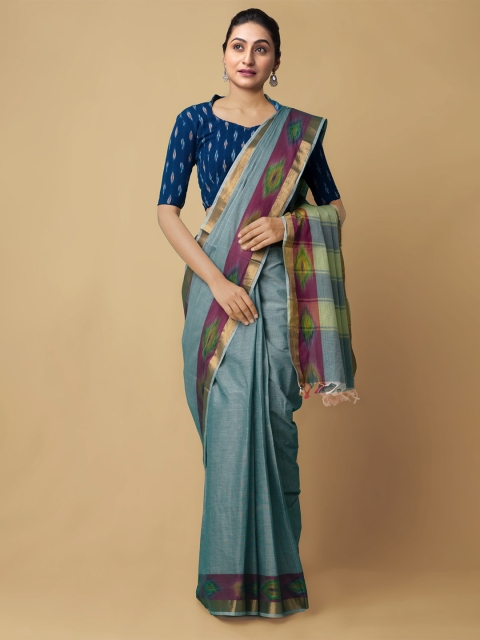 

Unnati Silks Grey & Green Striped Zari Pure Cotton Sambalpuri Saree