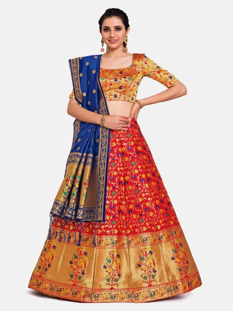 

MIMOSA Women Red & Navy Blue Semi-Stitched Lehenga & Unstitched Blouse With Dupatta