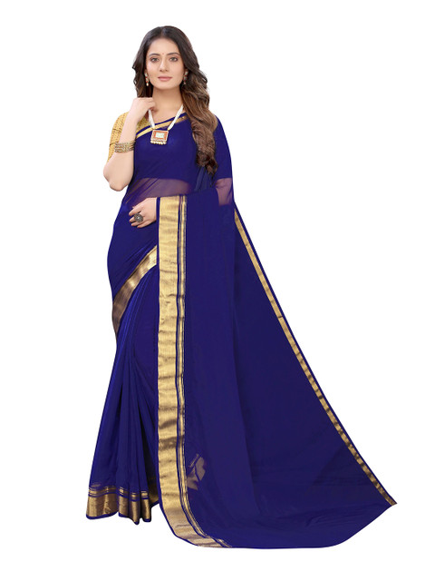 

KALINI Navy Blue & Gold-Toned Zari Pure Chiffon Saree