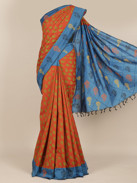 

Pothys Rust & Blue Floral Pure Cotton Saree