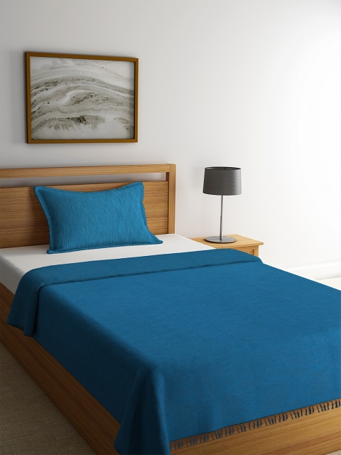 

NEUDIS Blue Solid Cotton Hand Woven Single Bed Cover with 1 Pillow Cover