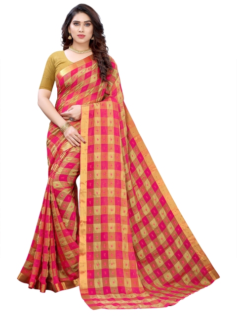 

KALINI Magenta & Gold-Toned Checked Pure Chiffon Saree