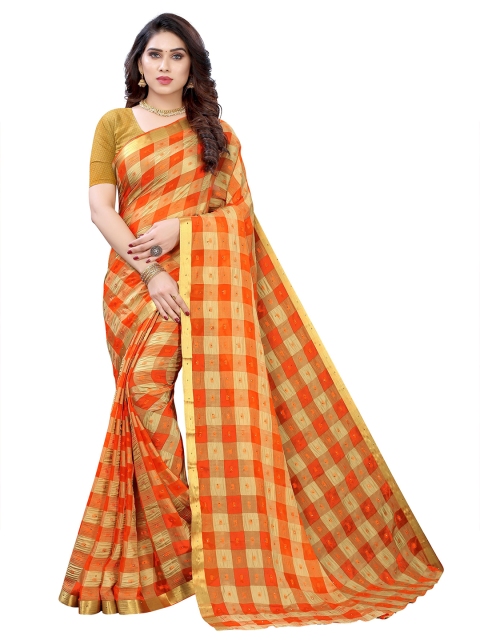 

KALINI Orange & Beige Checked Pure Chiffon Saree