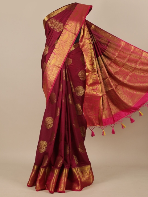 

Pothys Burgundy & Gold-Toned Woven Ethnic Motfis Design Jute Silk Saree