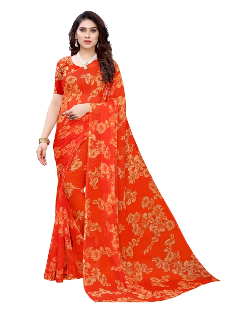 

KALINI Orange & Yellow Floral Pure Chiffon Saree