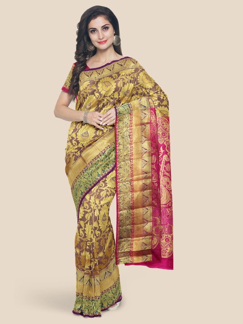 

Kalamandir Purple & Gold-Toned Floral Zari Silk Blend Kanjeevaram Saree