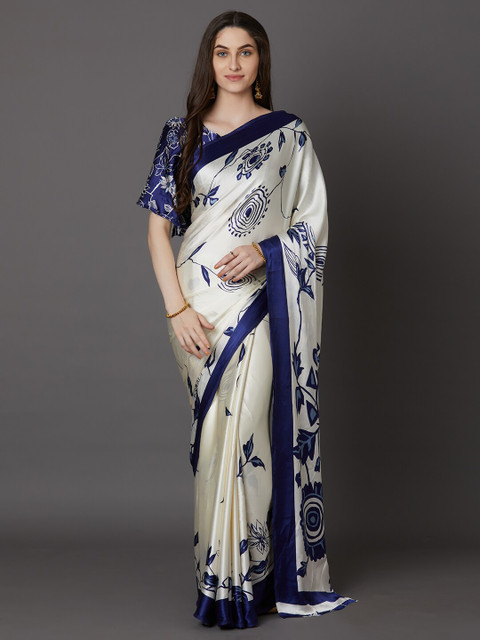 

Saree mall Off White & Blue Floral Banarasi Sarees