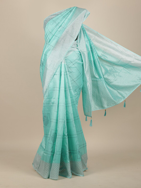 

Pothys Sea Green & Grey Checked Cotton Blend Saree