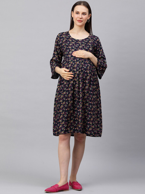 

MomToBe Navy Blue Floral Printed Maternity Nursing A-Line Dress
