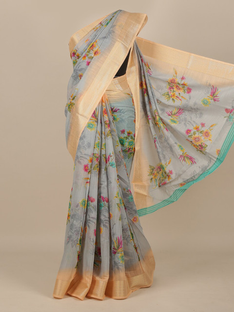 

Pothys Grey & Yellow Floral Cotton Blend Saree