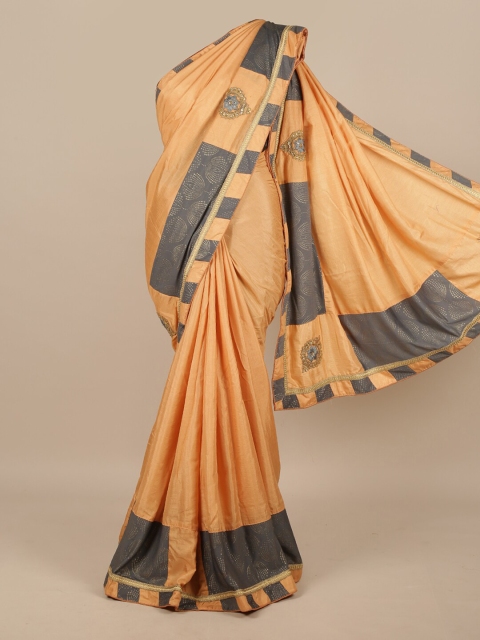 

Pothys Peach & Grey Colourblocked Beads and Stones Jute Silk Saree