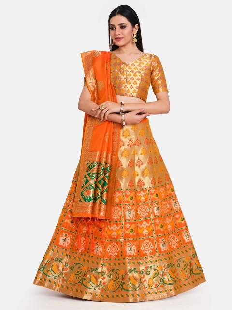

MIMOSA Navy Orange & Yellow Semi-Stitched Lehenga & Blouse with Dupatta