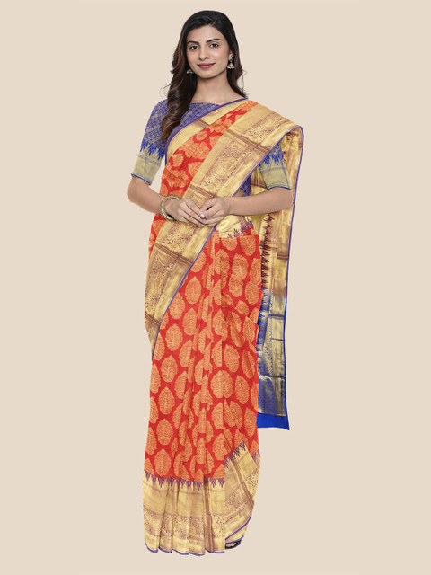 

Kalamandir Red & Blue Ethnic Motifs Zari Silk Blend Banarasi Saree