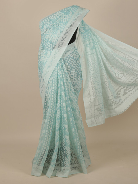 

Pothys Turquoise Blue & White Jute Silk Saree