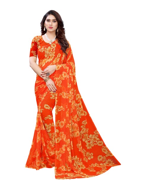 

KALINI Orange Floral Pure Chiffon Saree
