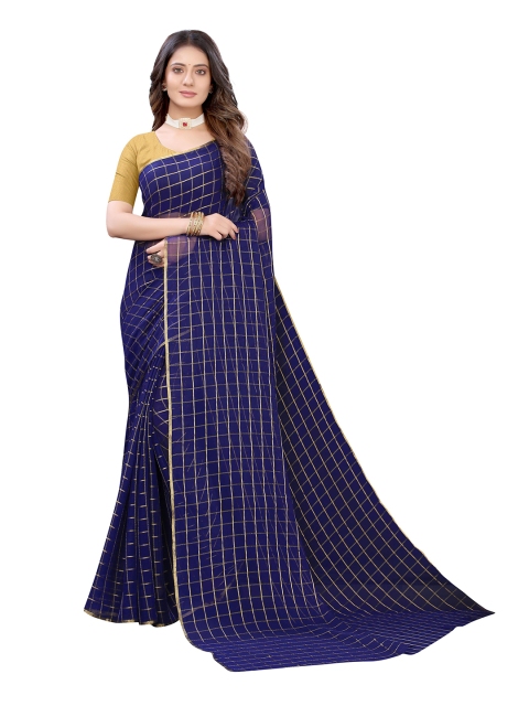 

KALINI Navy Blue & Gold-Toned Checked Pure Chiffon Saree