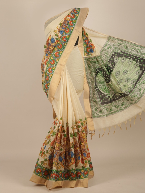 

Pothys Cream & Green Ethnic Motifs Zari Pure Cotton Saree