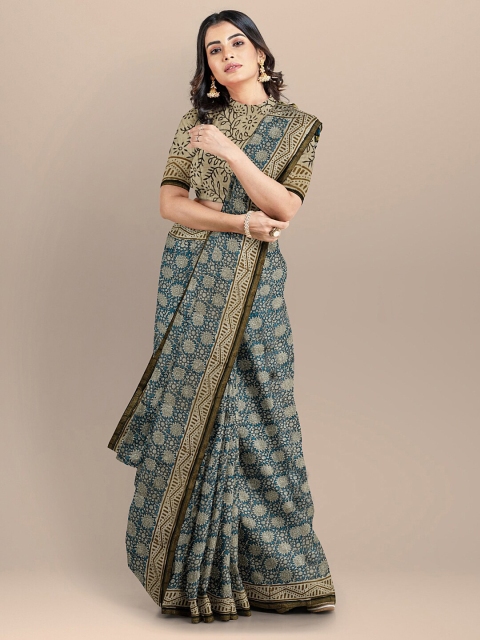 

BharatSthali Blue & Green Batik Silk Cotton Chanderi Saree