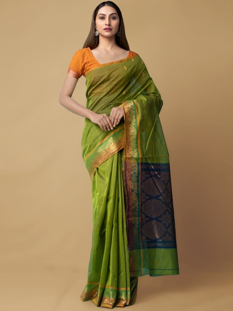 

Unnati Silks Green Woven Design Zari Silk Cotton Handloom Venkatgiri Saree