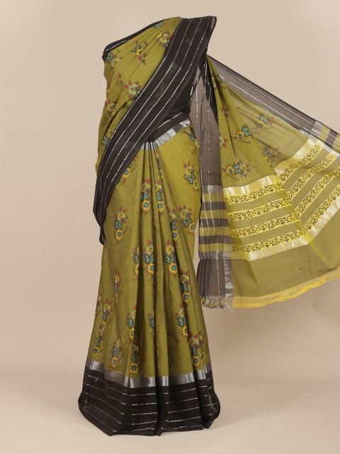 Pothys Olive & Black Floral Printed Pure Cotton Saree