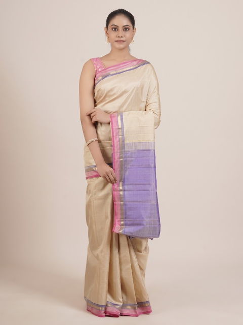 

Pothys Cream & Purple Pure Silk Kanjeevaram Saree