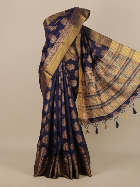 

Pothys Navy Blue & Gold-Toned Woven Design Zari Jute Silk Saree