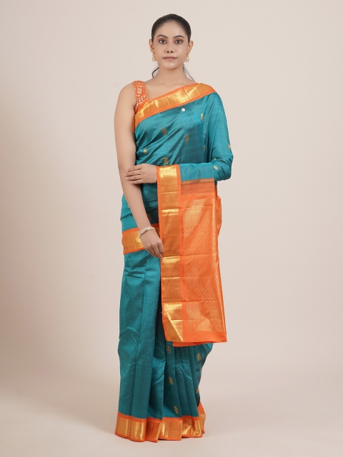 

Pothys Blue & Orange Woven Design Pure Silk Kanjeevaram Saree