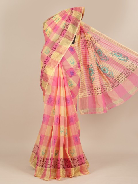 

Pothys Pink & Yellow Checked Pure Cotton Saree