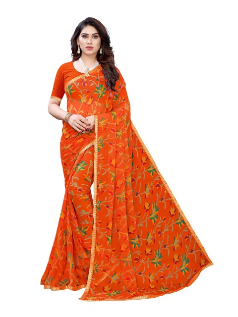 

KALINI Orange Floral Pure Chiffon Saree