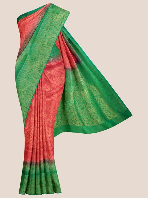 

KLM Fashion Mall Red & Green Woven Design Silk Blend Banarasi Saree