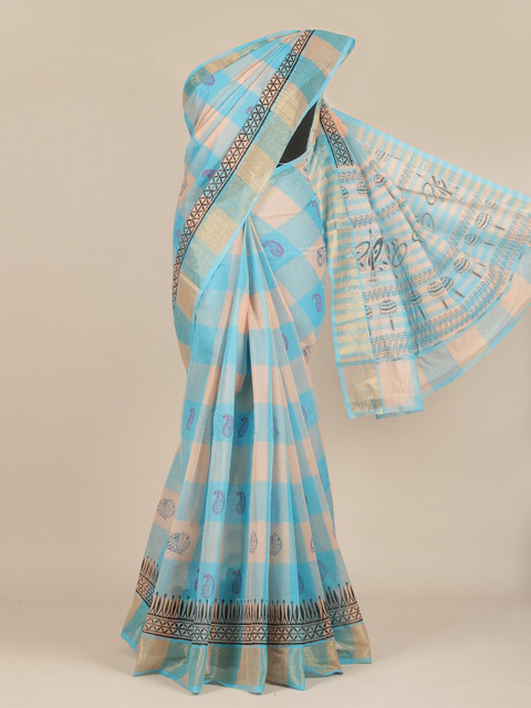 

Pothys Blue & Beige Checked Zari Pure Cotton Saree