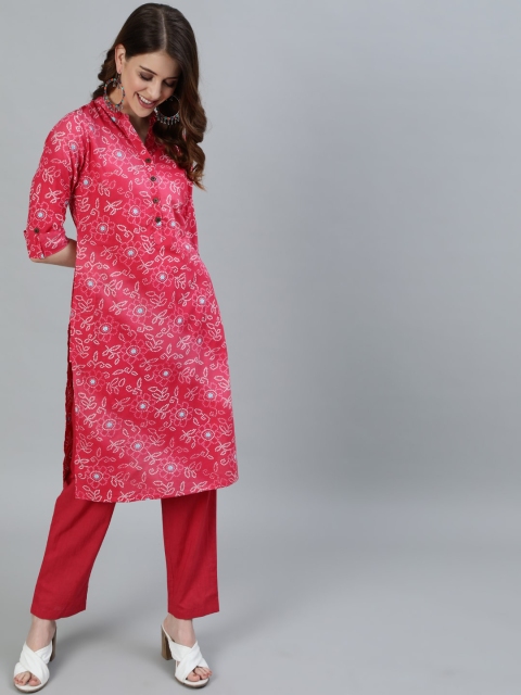 

Ishin Women Pink Floral Printed Pure Cotton Kurta with Trousers