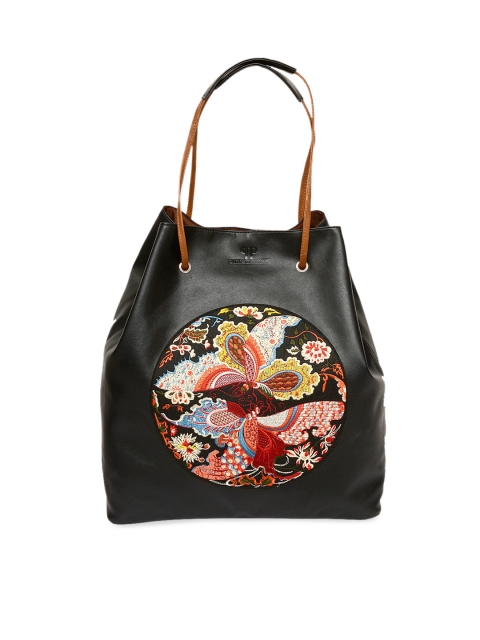 

Pink Potato Black Floral Embellished Leather Oversized Bucket Shoulder Bag