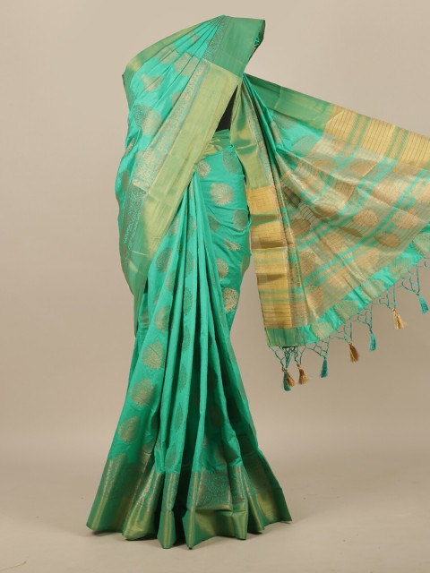 

Pothys Sea Green & Gold-Toned Floral Zari Jute Silk Saree