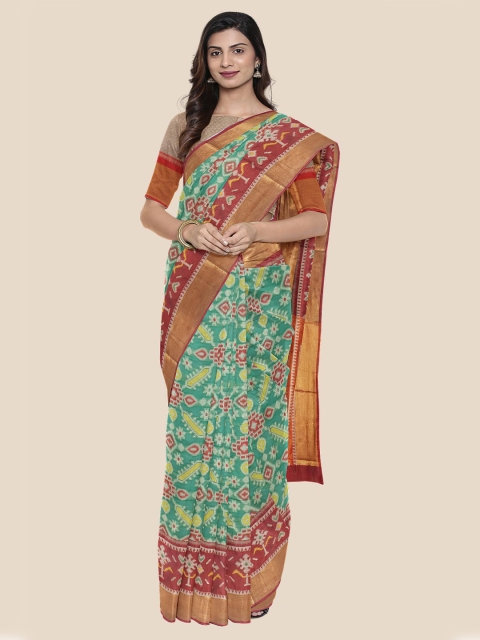 

Kalamandir Sea Green & Brown Zari Silk Blend Banarasi Saree