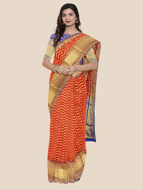 

Kalamandir Red & Blue Woven Design Zari Silk Blend Banarasi Saree